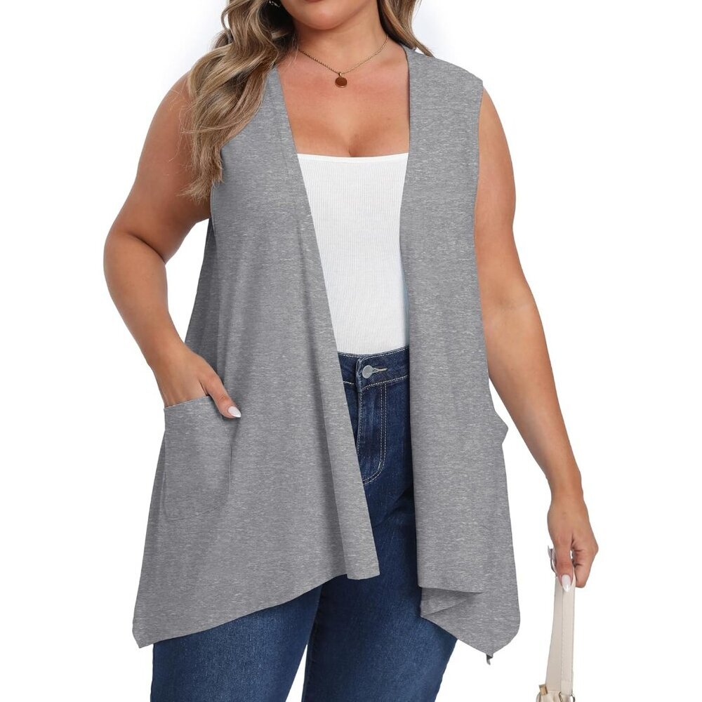 Plus Size Sleeveless Cardigan Lightweigh Breathable Open Front Pockets Comfortab